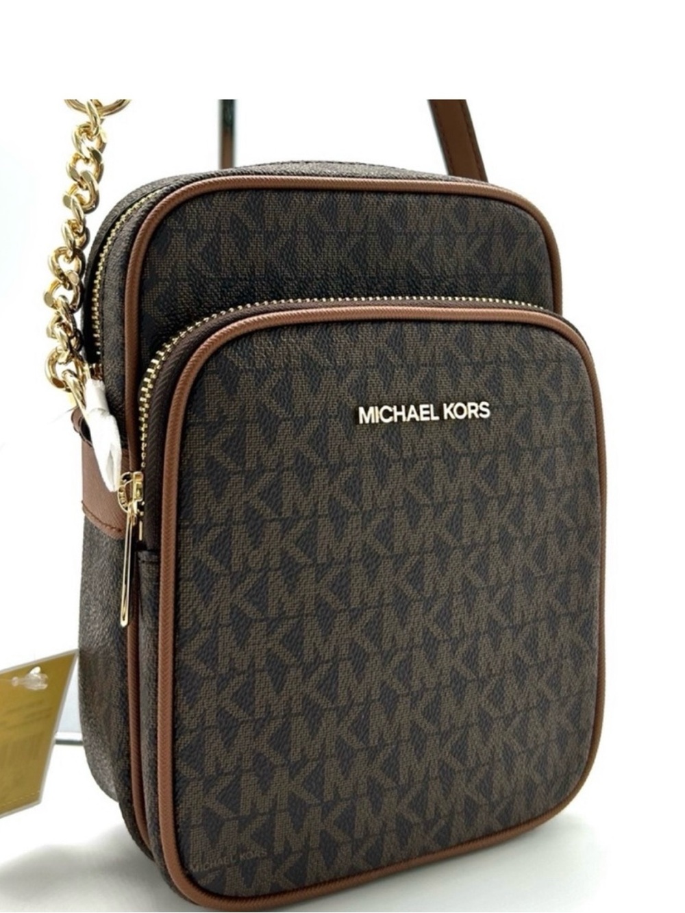 Michael Kors Brown MK Monogram Crossbody Belt Bag with Gold Hardware